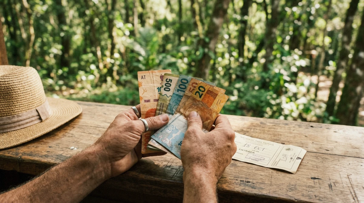 Peso and real banknotes with a park ticket on a counter, the two currencies an Iguazu Falls visit is priced in