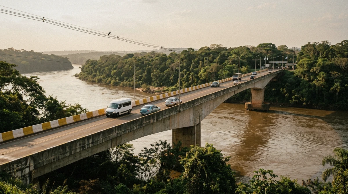 Vehicles crossing the border bridge between Brazil and Argentina on an Iguazu Falls both sides day tour