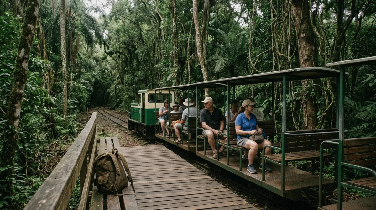 The Ecological Train waiting at a forest platform inside Iguazu National Park on a 4WD and boat tour