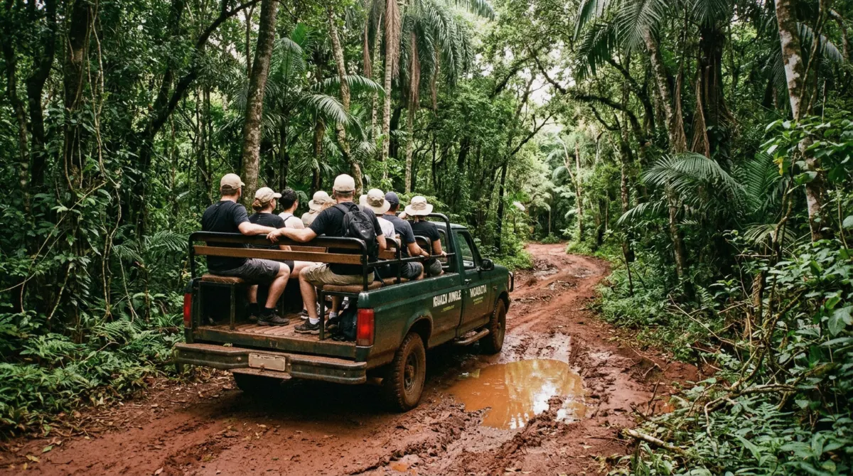 Open safari truck on the Yacaratia forest trail carrying passengers to the river for an Iguazu Falls boat tour